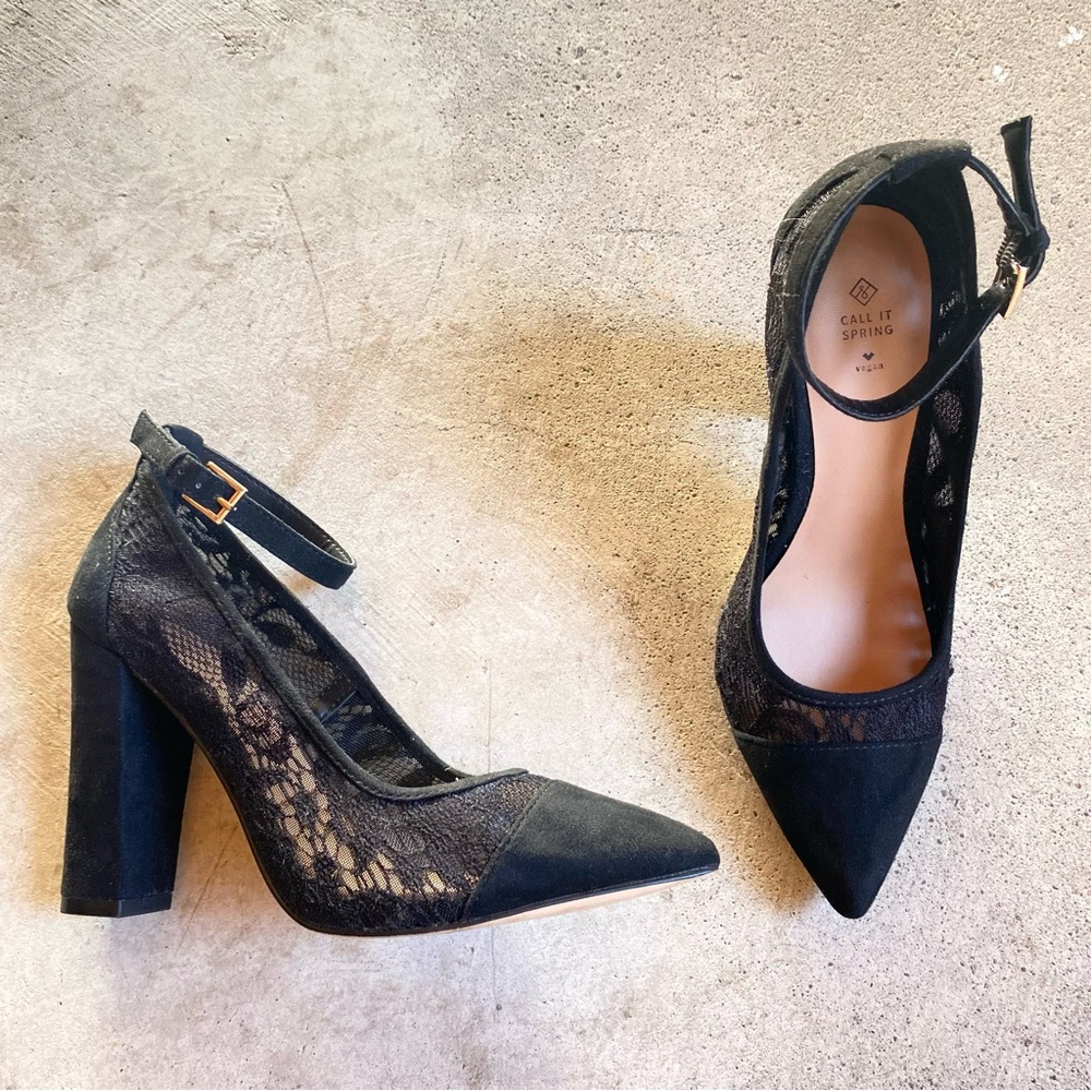 Call it spring black lace panel block heels with ankle strap
